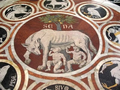 Floor Mosaic inside Siena's Cathedral depicting legendary figures of Romulus, Remus  and Female Wolf.